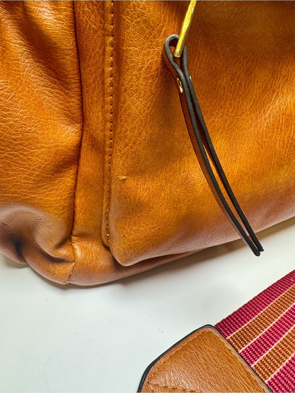 Convertible Vegan Leather Backpack Tote in Cognac with Woven Guitar Strap - Picture 8 of 9